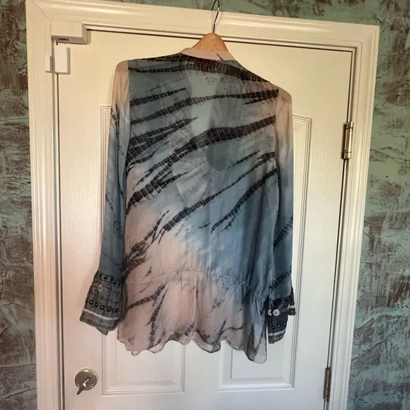 Hale Bob Cabana tye die silk embroidered split neck tunic
